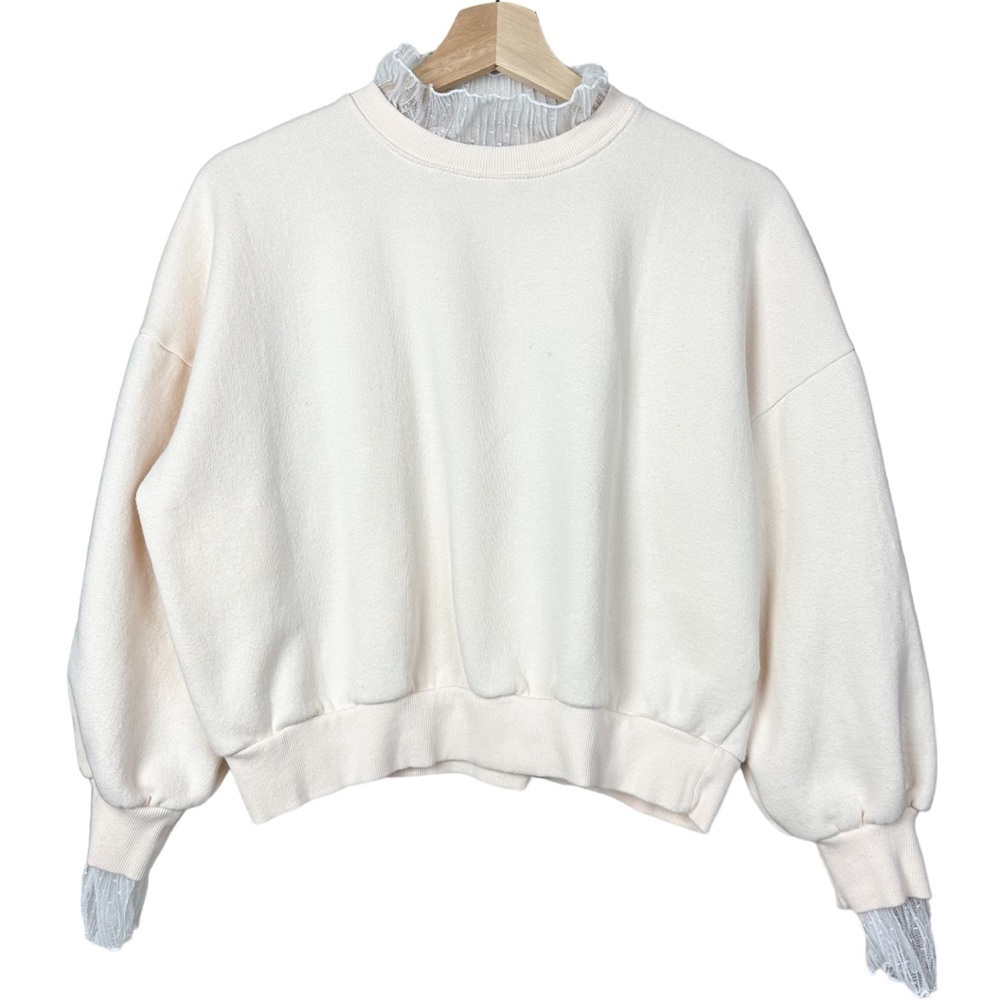 Le-vely Cream Cute Fleece Lace Crewneck Casual Sweatshirt Women One Size